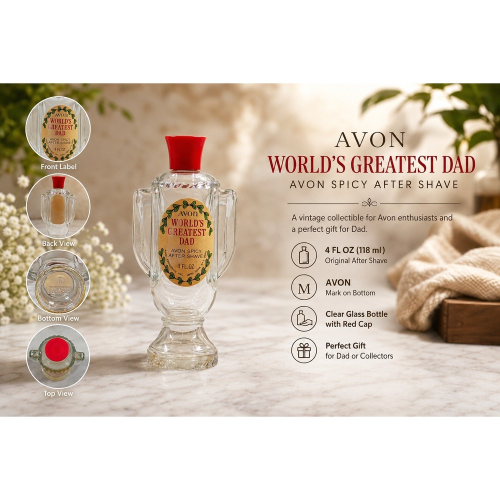 Vintage Avon Worlds‎ Greatest Dad Trophy After Shave Bottle Spicy 4 fl oz Clear